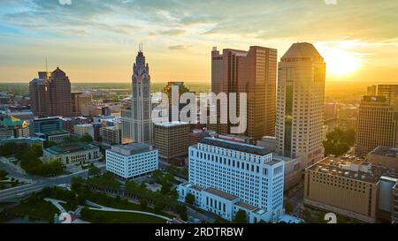 Aerial with Scioto river and main skyscrapers in heart of downtown Columbus Ohio Stock Photo