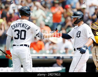 Detroit Tigers' Matt Vierling bats against the San Diego Padres during the  third inning of a baseball game Sunday, July 23, 2023, in Detroit. (AP  Photo/Duane Burleson Stock Photo - Alamy