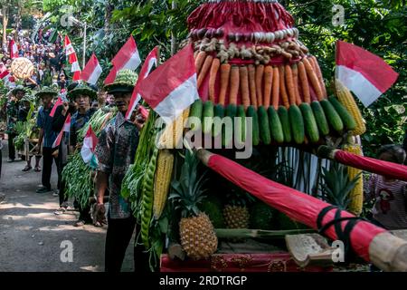 Residents do a procession by bringing natural products from agriculture and plantations called the earth alms tradition Stock Photo