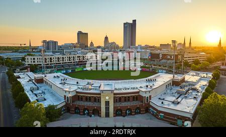 Aerial sunrise Parkview Field baseball diamond cityscape skyscraper skyline downtown Fort Wayne Stock Photo