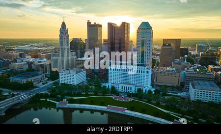 Aerial Huntington Tower and Vern Riffe State Office Tower with other iconic buildings at sunrise Stock Photo