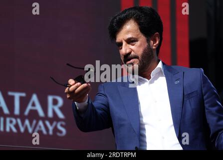 Mogyorod, Hungary. 23rd July, 2023. FIA President Mohammed Ben Sulayem ot the podium at the end of the F1 Grand Prix of Hungary at Hungaroring on July 23, 2023 Mogyorod, Hungary. Credit: Marco Canoniero/Alamy Live News Stock Photo