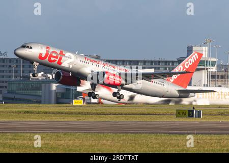 British Airline Jet2 Boeing 757-200 G-LSAA taking off from Manchester Airport, England Stock Photo