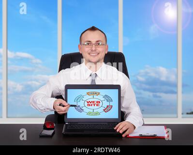 businessman sitting in office and pointing to screen laptop with scheme website Stock Photo
