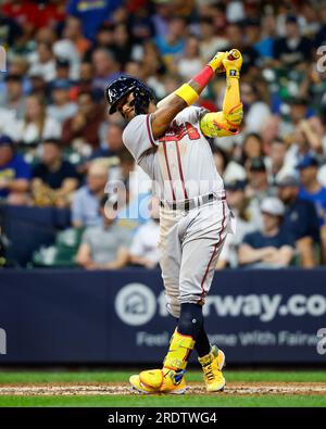 July 23, 2023: Atlanta Braves right fielder Ronald Acuna Jr. (13)  celebrates in the dugout after scoring during the game between the  Milwaukee Brewers and the Atlanta Braves at American Family Field