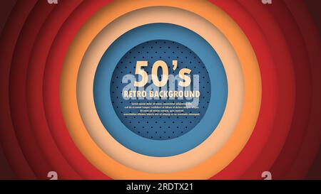 Abstract 1950's colorful background with circles element and retro colors. Realistic design in futuristic retro style. Vector funky illustration. Stock Vector