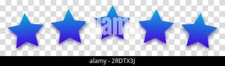 Five blue-purple stars with a shadow on a transparent background. Ranking concept for apps, games or website. The concept of feedback and evaluation o Stock Vector