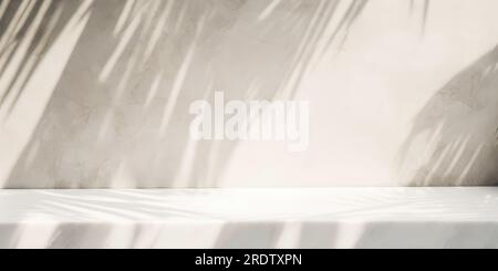 palm leaf shadow on white marble wall and countertop. background for product advertisement. banner with copy space Stock Photo