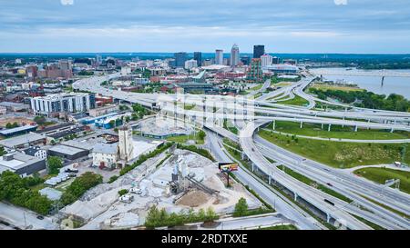 Louisville Kentucky Aerial over quarry suspended highway roads downtown skyscraper skyline Stock Photo