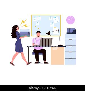 Woman and man working in office flat vector illustration. Teamwork and cooperation concept. Stock Vector
