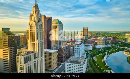 Columbus Ohio heart of downtown aerial at sunrise with iconic buildings and Scioto River Stock Photo