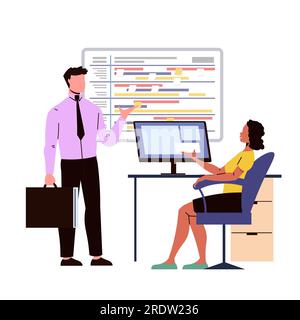 Businessman and businesswoman in office. Man and woman working at computer. Vector illustration in flat style Stock Vector