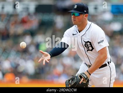 Detroit Tigers first baseman Spencer Torkelson catches a San Diego Padres'  Matthew Batten fly ball in foul territory in the ninth inning of a baseball  game, Saturday, July 22, 2023, in Detroit. (
