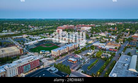 Aerial baseball diamond Fort Wayne Tin Caps Parkview Field cityscape city, town, and train Stock Photo