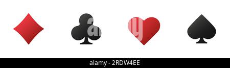 Hearts diamonds clubs spades sign realistic chips. Glossy playing card suit symbols. Vector illustration card signs on isolated white background. Stock Vector