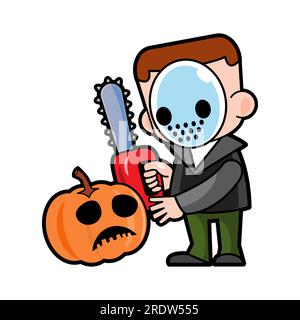 Murderer hold chainsaw . Halloween cartoon characters . Vector . Stock Vector