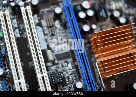Motherboard with radio elements. Radio elements on the board. Stock Photo