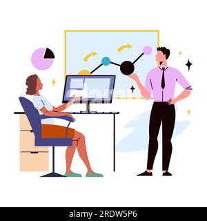 A man presenting sales chart to other emplyee. Businessman and businesswoman working together at office. Flat vector illustration. Stock Vector