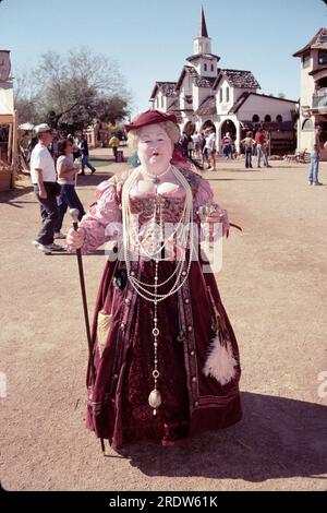 Gold Canyon AZ USA. 2/1999. Arizona Renaissance Festival 16th century lifestyle usually runs from 10 a.m. to 6 p.m. on Saturdays and Sundays, rain or shine, from February 4 through April 2.  Colorful costumes, plenty of food and wonderful entertainment for young and old. Stock Photo