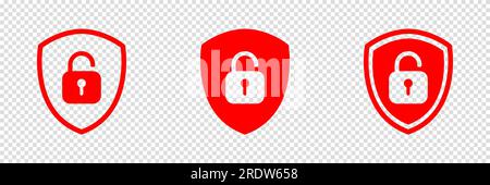 Set unlock padlock symbol with shield. Sign unlock on transparent background. Vector illustration. Stock Vector