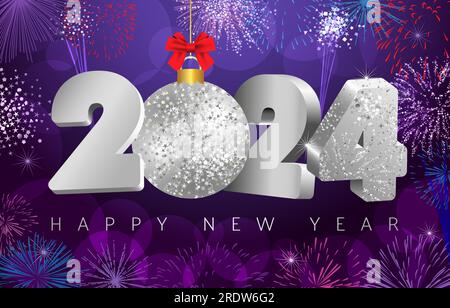 2024 A Happy New Year holiday poster. Shiny background, creative number 20 24 with Christmas ball. Fireworks and glitters with vector mask Stock Vector