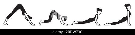 Downward facing dog to upward facing dog asana flow, yoga pose transition steps. Simple black and white illustration of woman doing Hindu pushup. Stock Vector