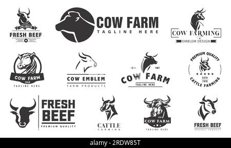 Cow head logo design, Cow head silhouette emblem logo label. Custom logo. Elegant logo symbol design illustration vector for company. Stock Vector