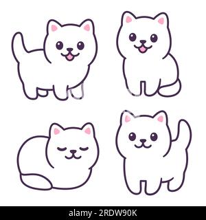 Tiny white baby kitten drawing set. Adorable little fat cat standing, sitting and lying. Simple kawaii doodle style illustration. Stock Vector