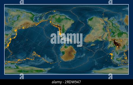 Scotia tectonic plate on the physical elevation map in the Patterson Cylindrical Oblique projection centered meridionally and latitudinally. Locations Stock Photo