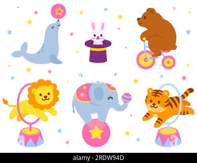 Cartoon circus animals doing tricks: seal, bear, rabbit, elephant, tiger and lion. Cute and funny circus performance vector illustration set. Stock Vector