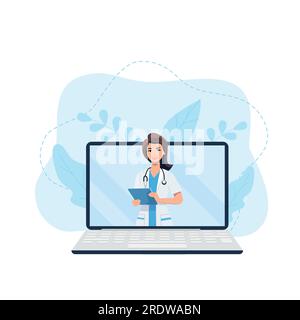 Online medical consultation and support. Online doctor. Healthcare services, Ask a doctor. Family female doctor, therapist with stethoscope on the lap Stock Vector