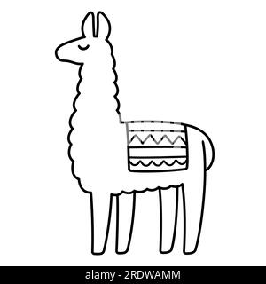 Simple cartoon llama drawing, black and white line icon. Cute vector clip art illustration. Stock Vector