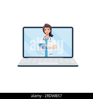 Online medical consultation and support. Online doctor. Healthcare services, Ask a doctor. Family female doctor, therapist with stethoscope on the lap Stock Vector