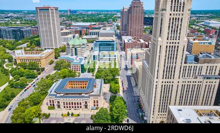 Main street in downtown Columbus Ohio aerial sky view of city with LeVeque Tower Stock Photo