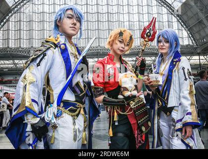 London, UK. 23rd July, 2023. A group pose in their Genshin Impact outfits. Hyper Japan Festival is London's festival for all things Japanese including cosplay, anime, stalls, performances and workshops, held at Olympia London in Kensington, this year from July 21st - 23rd. Credit: Imageplotter/Alamy Live News Stock Photo