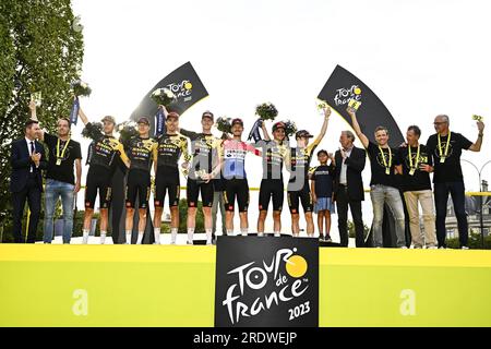 Paris, France. 23rd July, 2023. Team Jumbo-Visma riders pictured on the podium after the 21st and last stage of the Tour de France cycling race, from Saint-Quentin-en-Yvelines to Paris, France, Sunday 23 July 2023. This year's Tour de France takes place from 01 to 23 July 2023. BELGA PHOTO JASPER JACOBS Credit: Belga News Agency/Alamy Live News Stock Photo