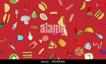 Endless red seamless pattern of delicious food and snack items icons set for restaurant bar cafe: fast food, cheat meat, burger, pizza, hot dog, sandw Stock Vector