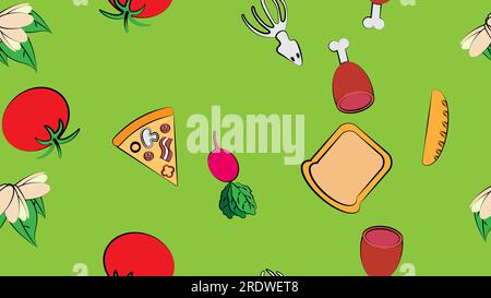 Endless green seamless pattern from a set of icons of delicious food and snacks items for a restaurant bar cafe: pizza, meat, ham, pistachios, tomato, Stock Vector