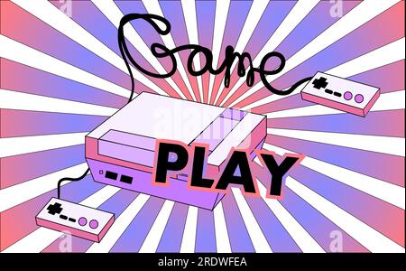 Old vintage retro hipster antique game console for video games with joysticks and gameplay on the background of the 70's, 80's, 90's. The background. Stock Vector