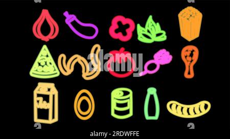 Neon bright glowing multicolored set of 15 icons of delicious food and snacks items for restaurant bar cafe: vegetables, garlic, popcorn, nuts, pizza, Stock Vector