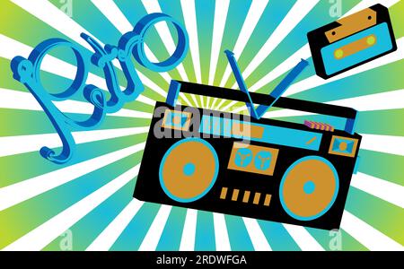 Old vintage retro hippies is a stylish isometric music audio recorder for listening to audio cassettes from the 70's, 80's, 90's against the backgroun Stock Vector