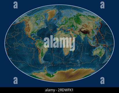 Distribution of known volcanoes on the world physical elevation map in the Fahey projection centered on the prime meridian Stock Photo