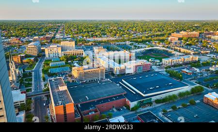 Downtown aerial Fort Wayne Parkview Field baseball diamond botanical conservatory architecture Stock Photo