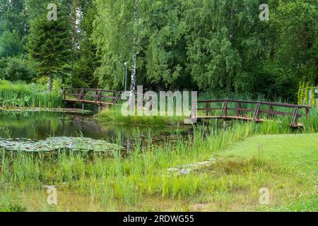 Two small wooden bridges between small ponds in a well-kept beautiful park. Stock Photo