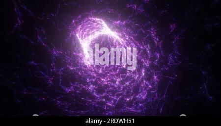 Abstract purple tunnel swirling from lines and particles of triangles glowing futuristic hi-tech with a blur effect on a dark background. Abstract bac Stock Photo