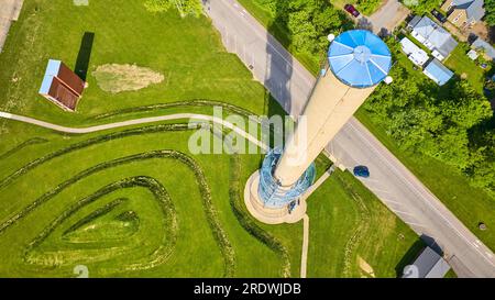 Aerial Rastin Observation Tower drone view from above tower in Ariel Foundation Park Stock Photo