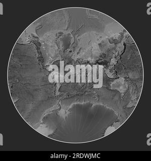 Distribution of known volcanoes on the world grayscale elevation map in the Lagrange projection centered on the prime meridian Stock Photo