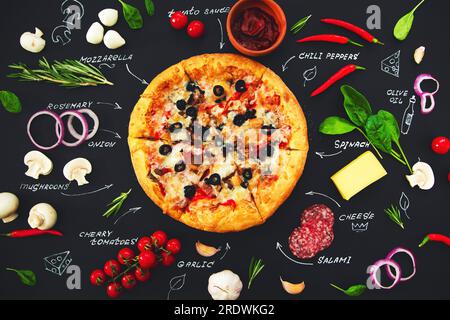 Pizza, ingredients and product names written in chalk on a black background. Banner, menu, recipe. Stock Photo