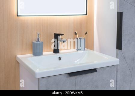 Modern bathroom interior, clean bright stylish designer modern bathroom Stock Photo