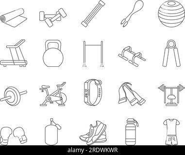 Fitness Equipment Icons Set. Dumbbells, Jump Rope, Sportswear. Editable Stroke. Simple Icons Vector Collection Stock Vector